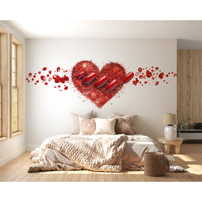 Red Heart Nail Wall Decal, Manicure Bedroom Wall Art, Valentine Love Mural, Nail Salon Decor, Romantic Beauty Room Decor 571MV