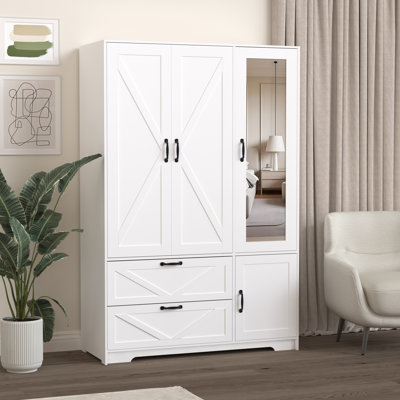 4 Doors Wardrobe Closet, 47.2"W x 19.7"D x 71.7"H, Particle Board, 1-Piece White Storage Cabinet with LED Motion Sensor Light, Half-Length Mirror, 2 Bottom Drawers, Adjustable Shelves, Hanging Rod, Anti-Tipping Device