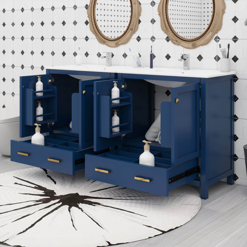 Ensemble de meuble-lavabo 60 po, double meuble-lavabo, double lavabo en céramique, tablette de rangement et tiroirs divisés