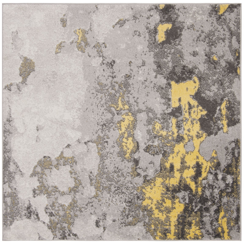 Riebe Abstract Power Loom Polypropylene Area Rug in Grey/Yellow, Square 8'