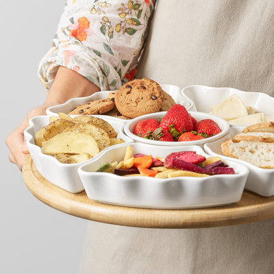 Plateau et plateaux de service rotatifs à 360 °, bols de service divisés de 12 pouces pour la fête, la décoration de cuisine, plats de service amovibles pour frites et trempette, fruits, légumes, bonbons et collations, 7 pièces, blanc