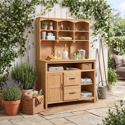 Solid Fir Wood Outdoor Potting Bench with Hutch, Cabinets, Drawers, Open Shelf and Side Hooks