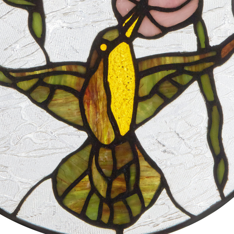 10"H Hummingbird and Hibiscus Round Stained Glass Window Panel