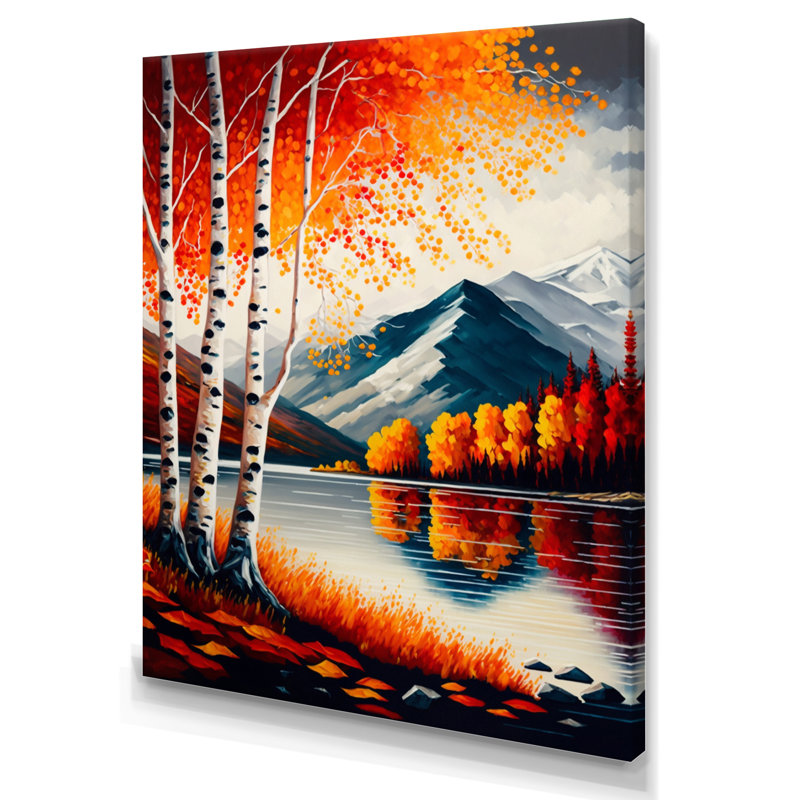 Bouleaux rouges et oranges au bord du lac VI - paysage, art mural sur toile, H 20 po x l 12 po x P 1 po, Toile tendue