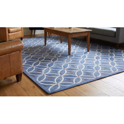 Tapis unique en laine noué à la main de 6 pi x 9 pi bleu / ivoire / rouge