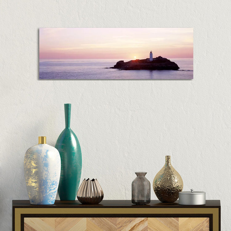Sunset, Godrevy Lighthouse, Cornwall, England, United Kingdom by Panoramic Images - Wrapped Canvas Panoramic Print