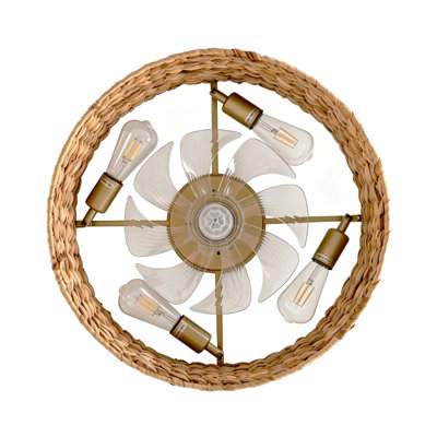 19.7 Inch Flush Mount Ceiling Fan with Light, Natural Woven Rattan Shade, ABS Blades, 6‑Speed Reversible Quiet Motor with Remote for Boho Bedroom Living Room