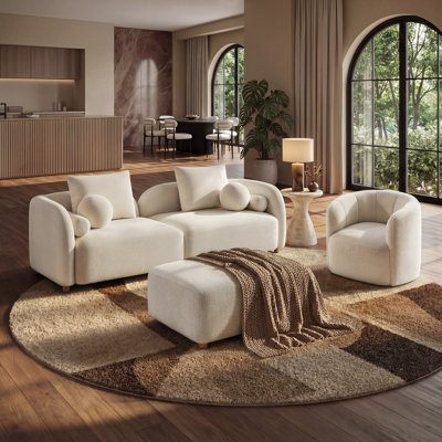 Modern Bouclé 3-Piece Living Room Set, Upholstered Sofa Couch, 360° Swivel Barrel Accent Chair and Movable Ottoman
