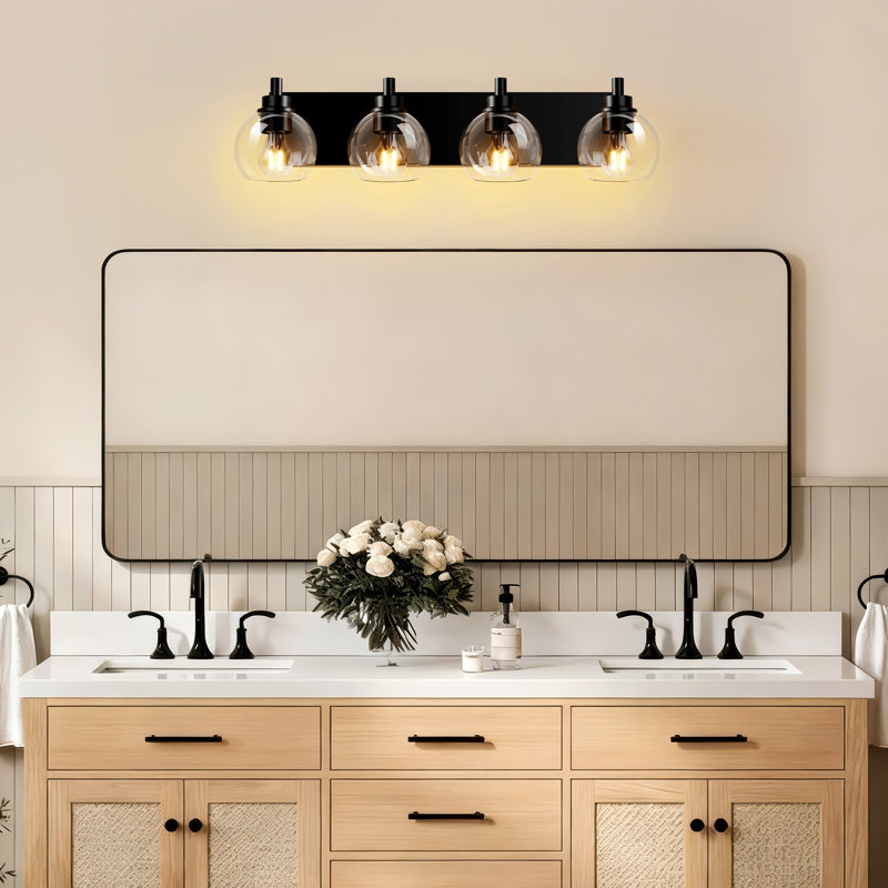 Luminaires de salle de bain, luminaire de salle de bain noir mat à 4 lumières sur miroir, appliques murales modernes de 26 po avec abat-jour en verre transparent, appliques murales de salle de bain pour miroir de couloir de cuisine