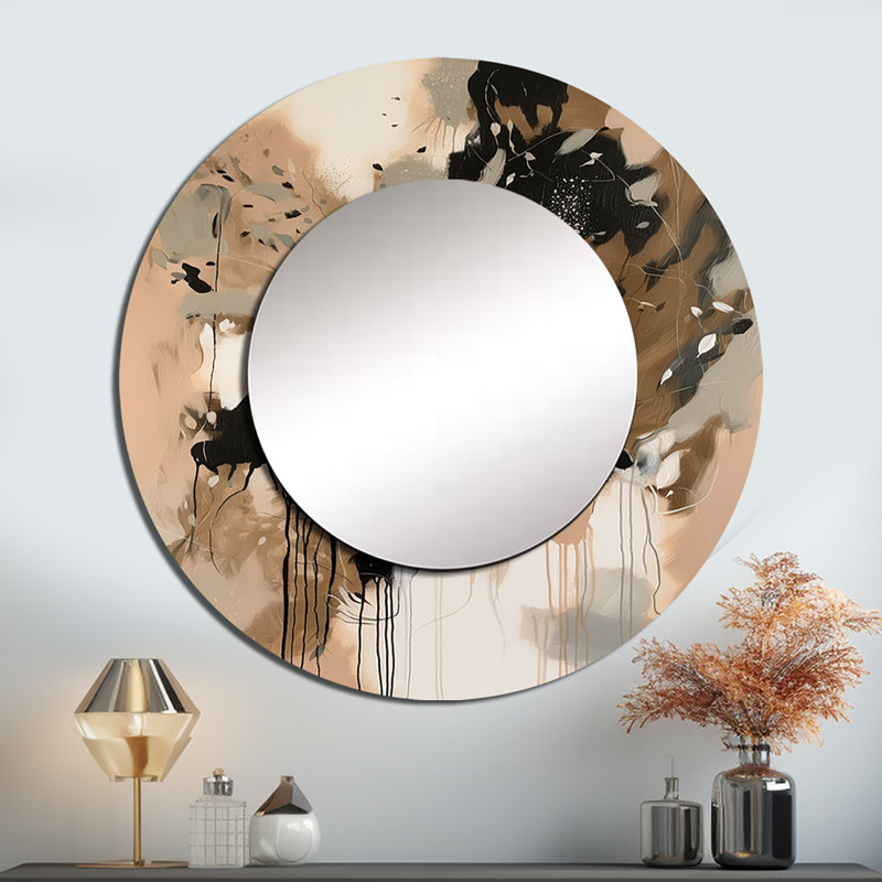 Shinako brun coloré symétrie I - miroir décoratif abstrait, miroir mural rond moderne, impression d'art en métal