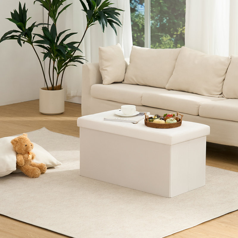 Banc de chambre pliant en velours avec rangement, Crème, crème, H 15 po x l 30 po x P 15 po