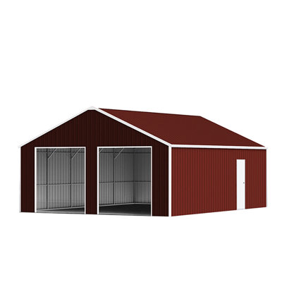 22ft X 23ft Double Garage Steel Barn With Red - Brown Color, 14 Gauge Frame, 26 Panels, Two Large Door Openings By Shed,