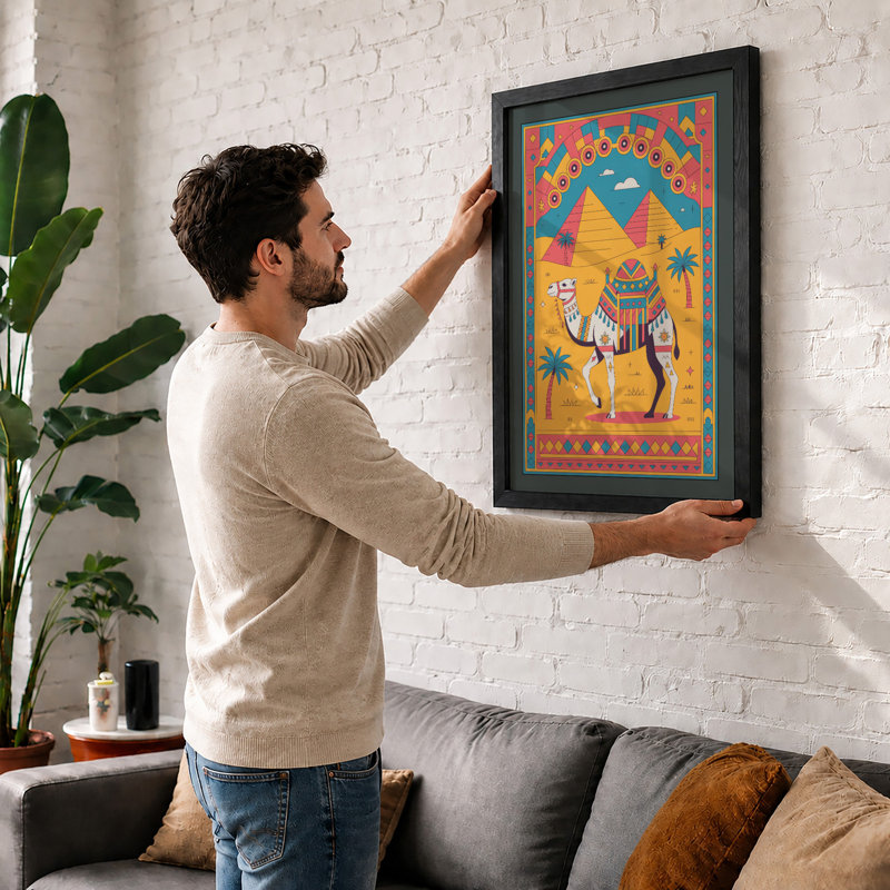 Camel in Desert Gold Boho - Framed Print, A2 - 59.4 x 42.0 cm, Black