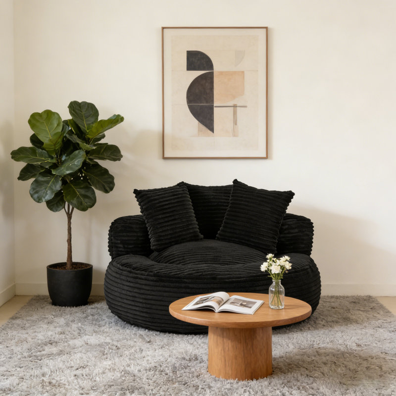 Fauteuil à billes surdimensionné rond en velours côtelé - Compression - pour enfants / adultes, Noir