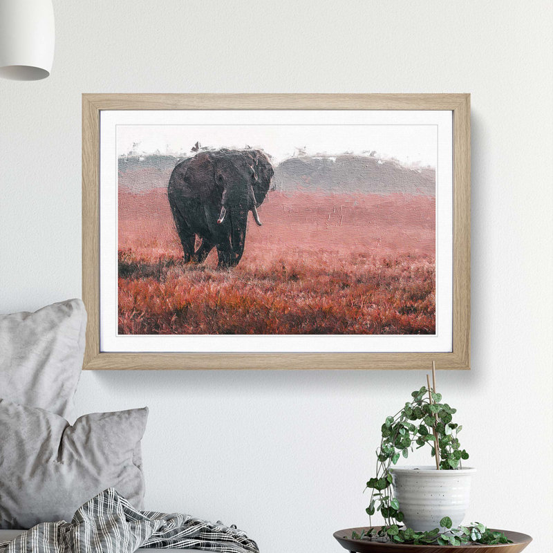 Marching Elephant in Abstract - Framed Print, Oak Framed, 48cm H x 65cm W x 2cm D