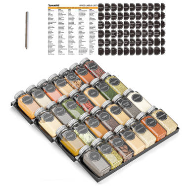 SpaceAid Spice Drawer Organizer with 28 Spice Jars, 386 Spice Labels and Chalk Marker, 4 Tier Seasoning Rack Tray Insert for Kitchen Drawers, 128 Wide