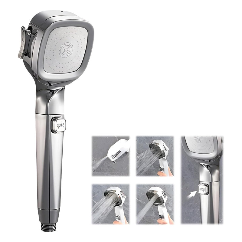 4- Handheld Pressurized Shower Head With Pause, Silver