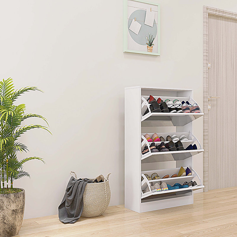 Armoire de rangement étroite pour chaussures avec miroir, étagère à chaussures 3 niveaux