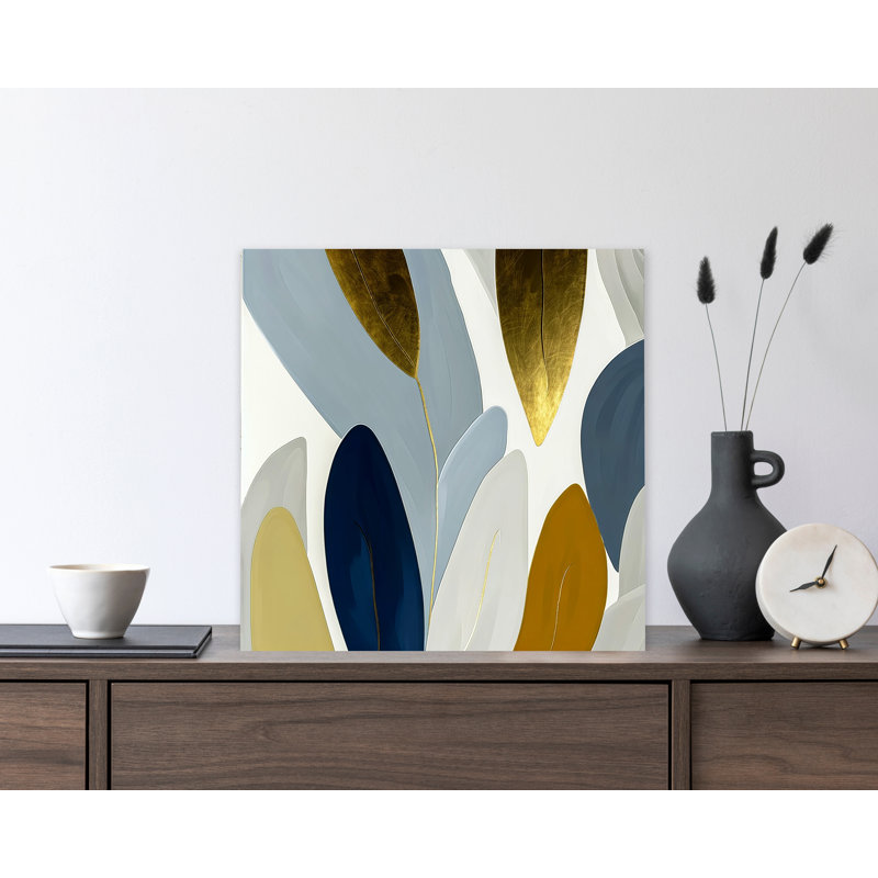 Golden Foliage Elegance - Chic abstrait bleu marine et doré, reproduction d'art sur toile, H 12 po x l 12 po x P 1 po