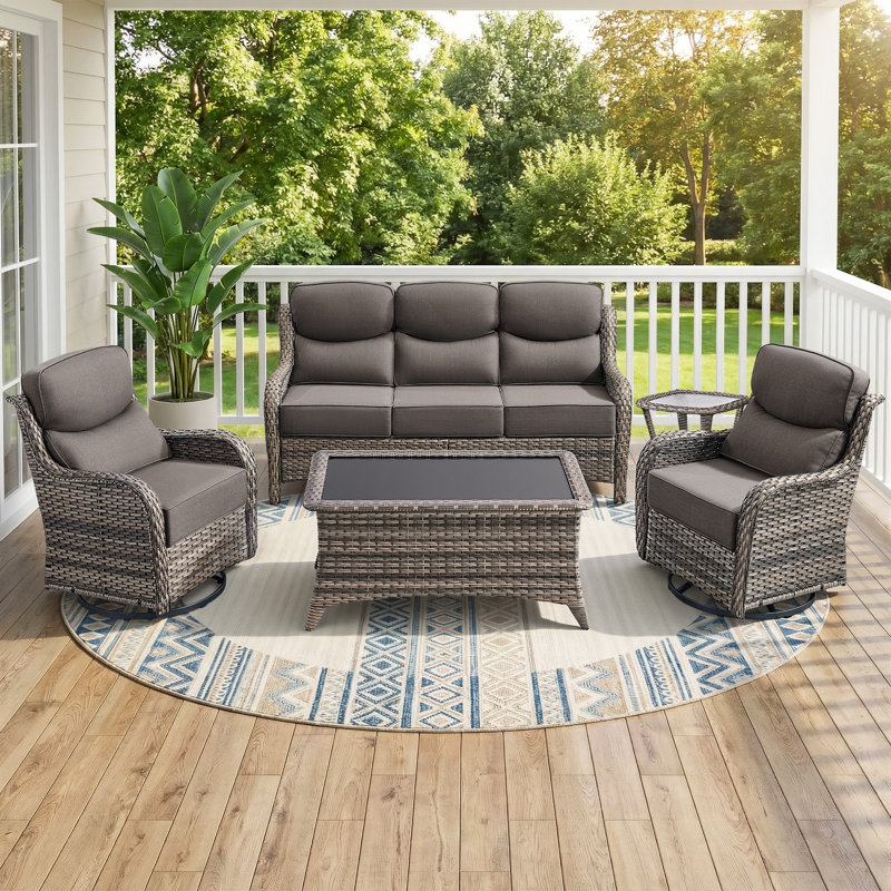 Ensemble de conversation de patio en osier 5 pièces avec table basse et chaises pivotantes de luxe de 6 pouces Abbey, Gris