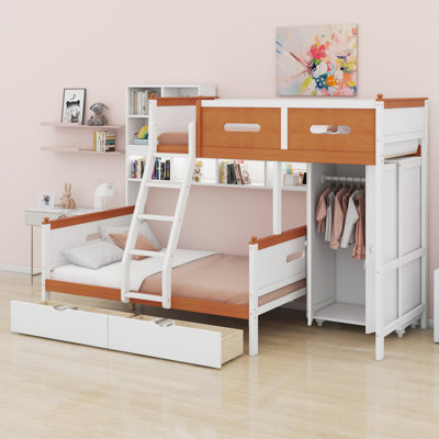 Lit superposé en bois avec rangement - garde-robe, tiroirs, tablettes avec lumière DEL