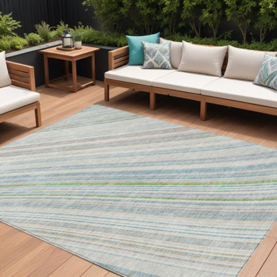 Tapis extérieur lavable rayé bleu et vert ivoire 8 pi x 10 pi