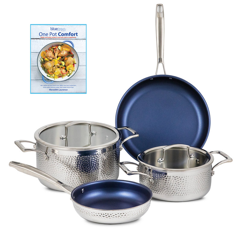 6-Piece Hammered Stainless Steel Non-Stick Cookware Set with Blue Interior