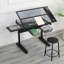Bureau de dessin avec manivelle réglable à la main avec 2 tiroirs en métal (noir) avec tabouret, 39,7 po x 27,7 po x 6,8 po, verre et métal, 1 pièce, bureau debout, noir, avec tiroirs; hauteur réglable