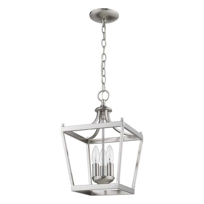Luminaire suspendu géométrique 3 lumières lanterne Rancourt, Nickel satiné