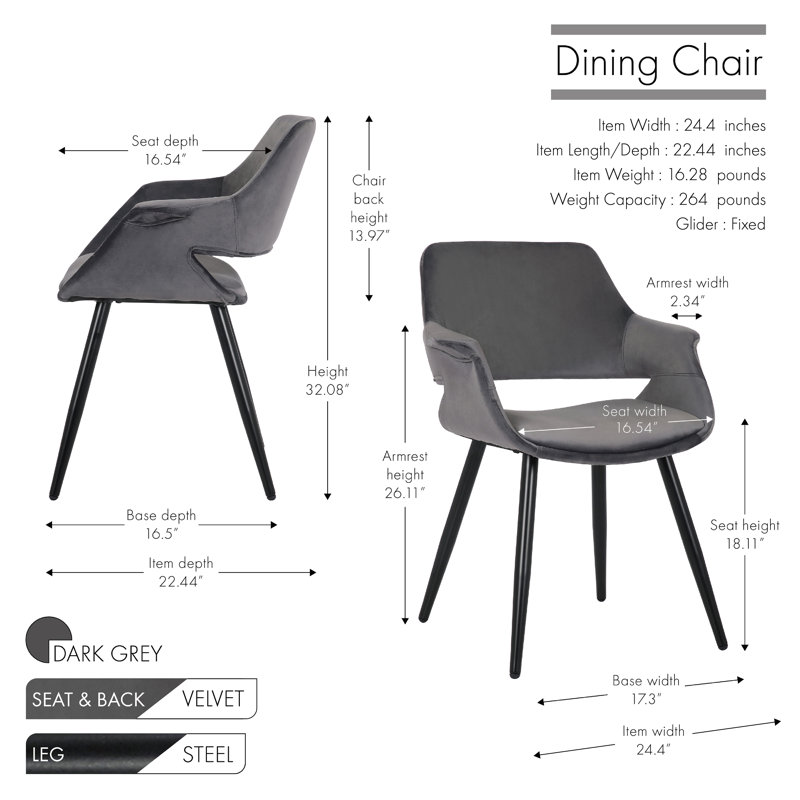 Shelton Velvet Dining Chair with Metal Legs, Dark Gray