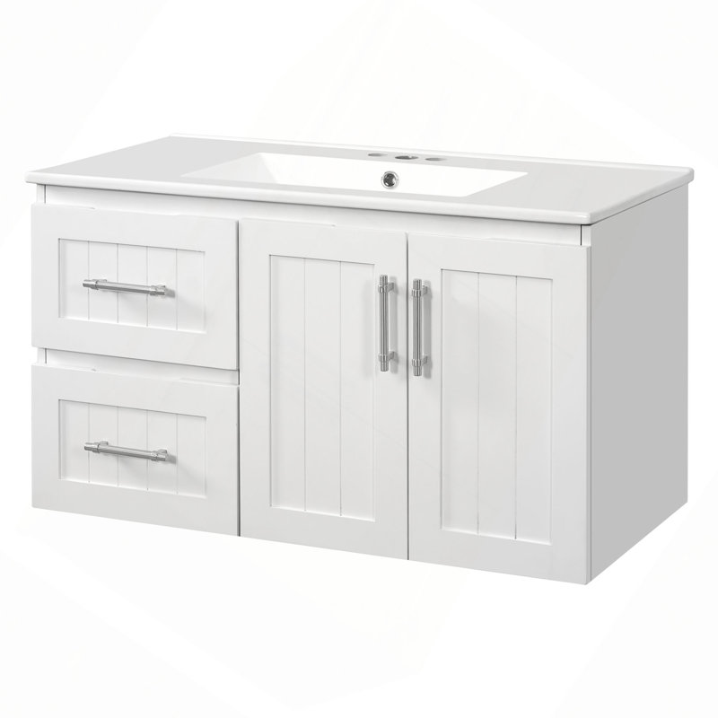 Meuble-lavabo mural 36 po, armoire de rangement flottante avec 2 tiroirs, lavabo simple en céramique à 3 trous, armoire moderne avec tablette réglable