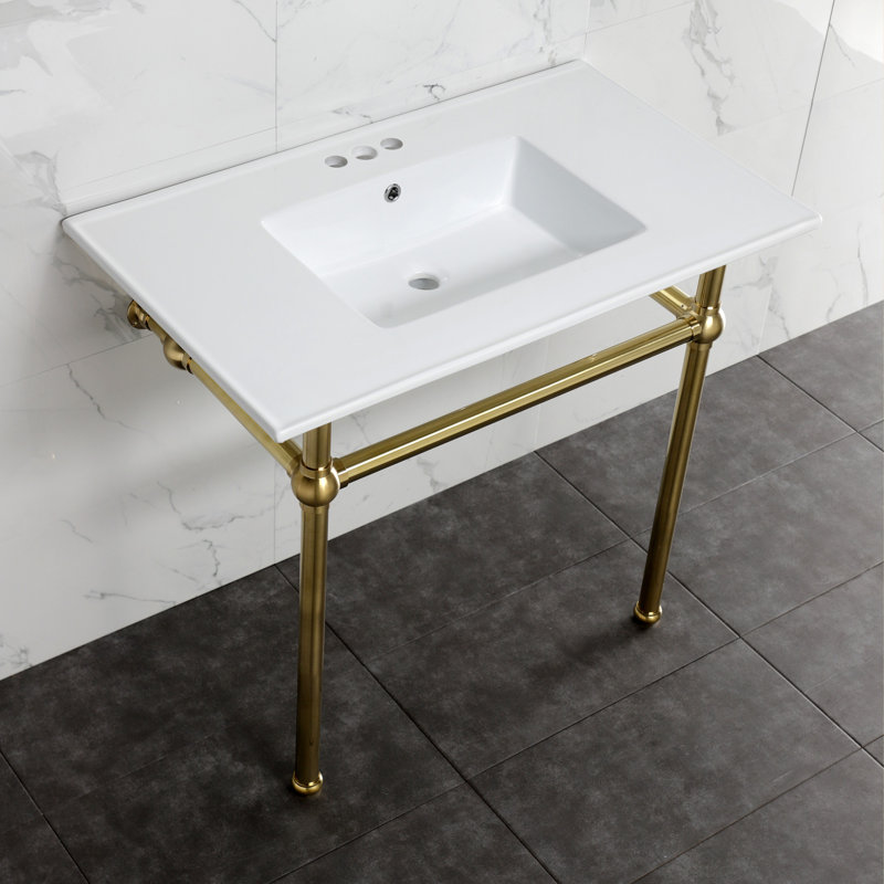 Kingston Brass Templeton 37-Inch Ceramic Console Sink with Brass Legs, White/Brushed Brass, 8" Centers