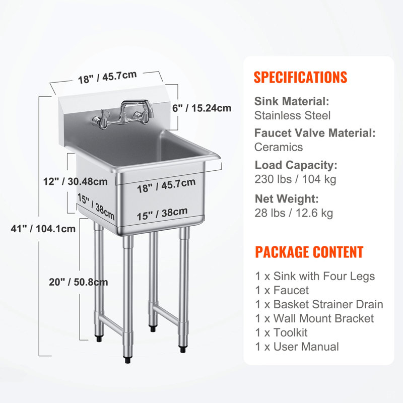 Évier de préparation et utilitaire en acier inoxydable, petit évier autoportant à 1 compartiment avec robinet et pieds, éviers à simple cuve commerciale de 18 po x 41 po pour le garage, le restaurant, la cuisine et la buanderie