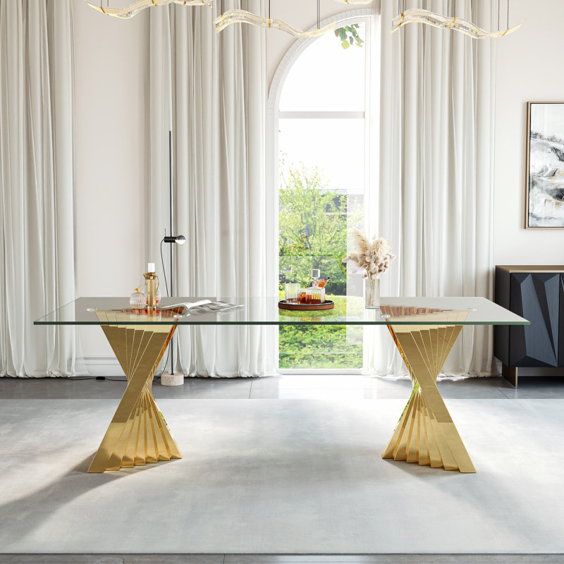 Morlee 94.49" Glass Top Metal Base Dining Table, Gold