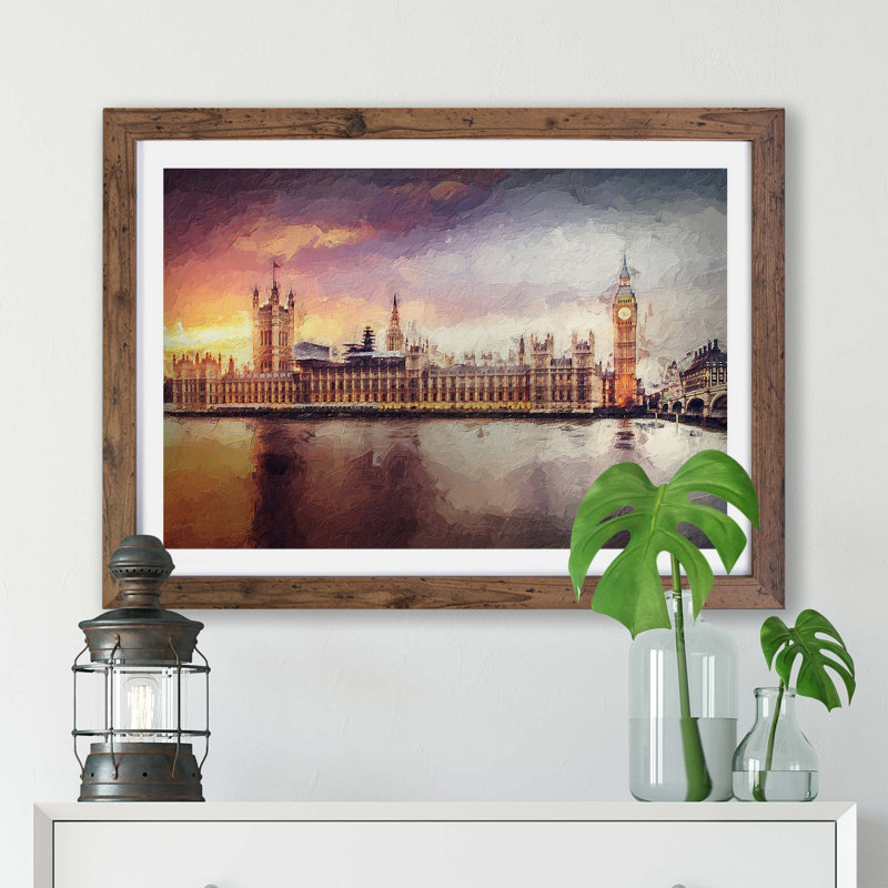 Big Ben & Houses Of Parliament - Single Picture Frame Painting, 33cm H x 45cm W x 2cm D, Walnut