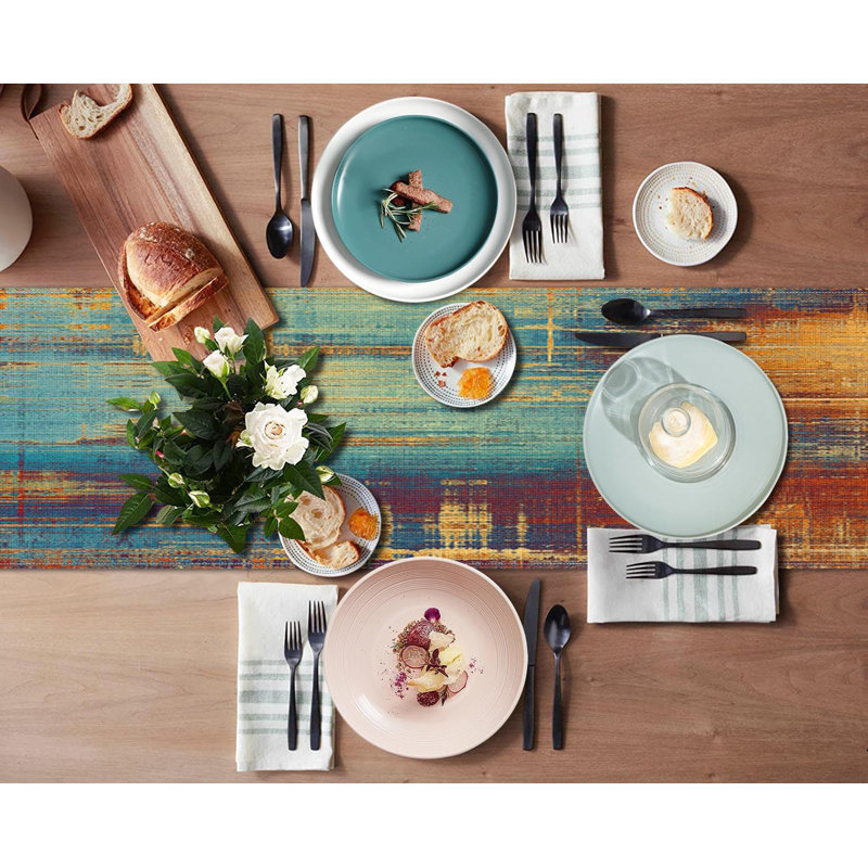 Blue And Orange Table Runner, Vintage Abstract Messy Rust Painting Table Runners