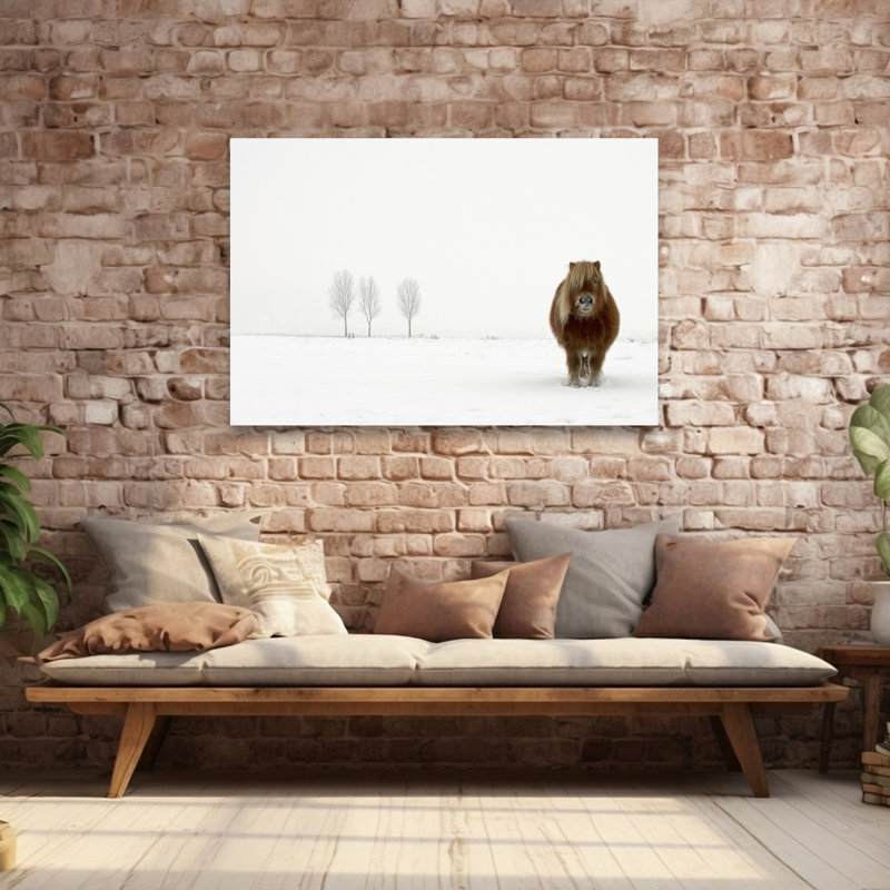 «Winter Pony In Snow Minimalist Peaceful Serene Horse Landscape Nature», reproduction d'art murale, 40" H x 60" W