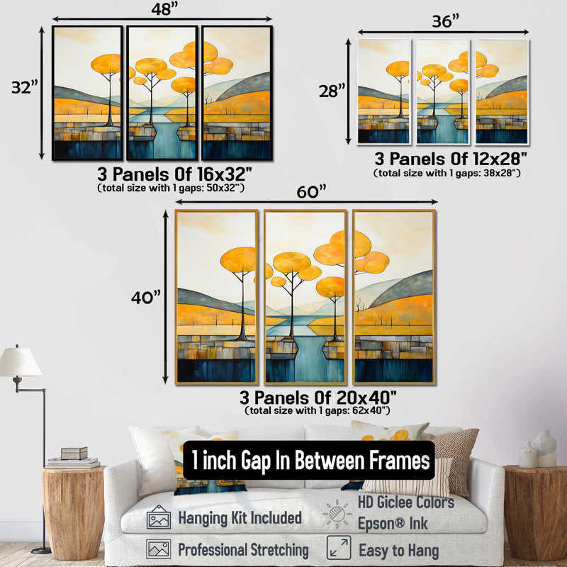 Arbres jaunes au bord de la rivière Blue Mountain - ensemble d'art mural rivière, H 40 po x l 60 po x P 1 po