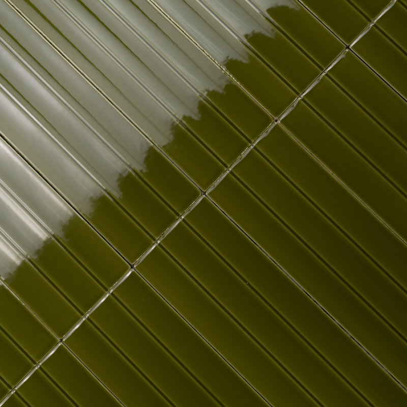 Bead 3" x 12" 3D Recessed Fluted Subway Wall Tile, Olive Green Glossy