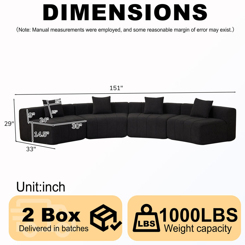 4-Seat Curved Sectional Sofa with Pillows, 29" H x 151" W x 33" D, Symmetrical