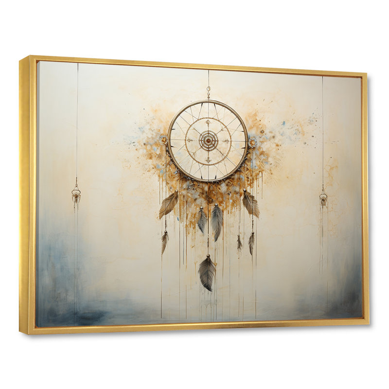 Capteur de rêves beige et gris sérénité, Cadre flottant doré, 34" H x 44" W