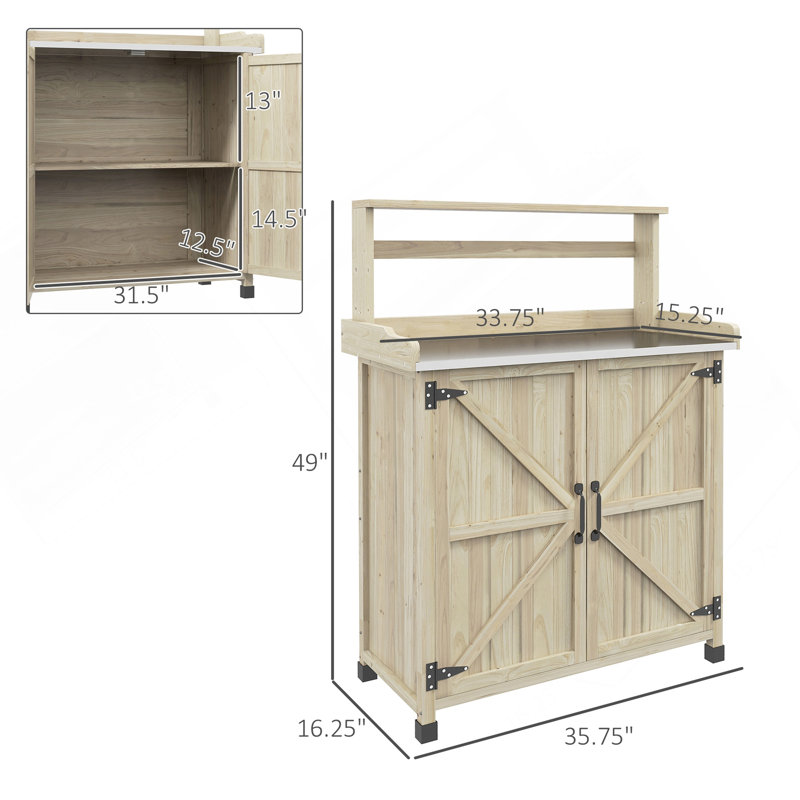 Banc de rempotage Outsunny, table de rempotage en bois pour l'extérieur avec armoire de rangement avec 2 tablettes, banc de jardin avec plateau en placage galvanisé pour la cour arrière, balcon, naturel