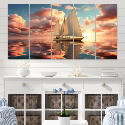 Sailboat Pink Cloud Sunset Reflection III - Boat Canvas Art Print - 5 Equal Panels
