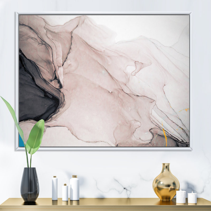 Gris et blanc marbré fluide - art mural moderne sur toile, H 34 po x l 44 po x P 1,5 po, Toile encadrée flottée blanche