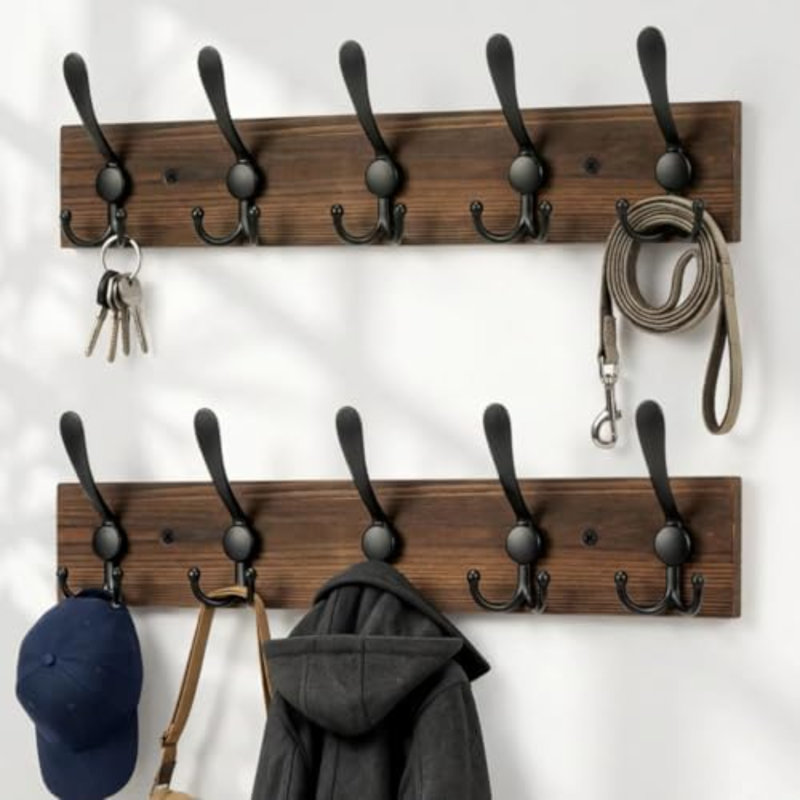 Porte-manteau mural en bois robuste, ensemble de 2 supports muraux avec 5 crochets triples pour vêtements, vestes, chapeaux, clés, organisateur d'entrée peu encombrant pour vestiaire (plaque brune et crochets noirs)