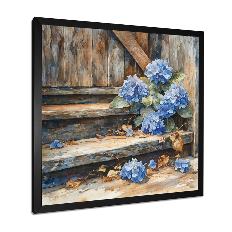 Hortensias sur les marches de grange III - hydrangées, art mural, H 16 po x l 16 po, Picture Framed, Noir, noir, noir, noir