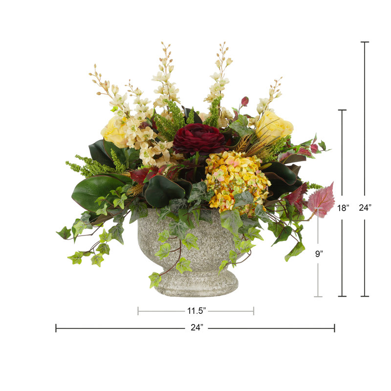 Delphinium, Roses And Hydrangea Arrangement In Gray Stone Planter