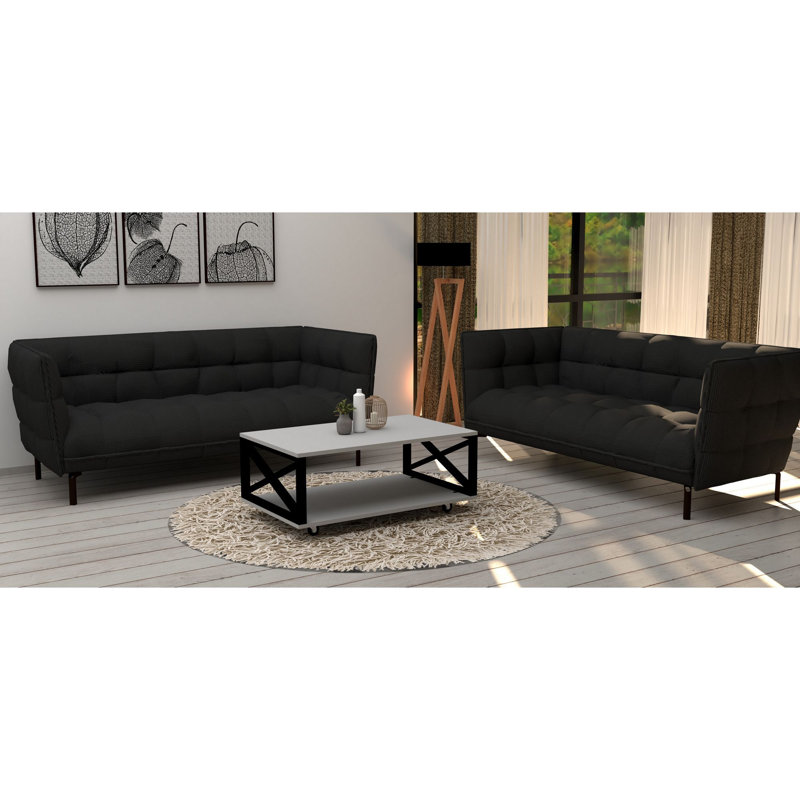 Multipurpose Coffee Table with Wheels, White & Black, 38.6 x 13.2 x 23.6 inches | 100% Melamine Coated Particle Board, 0.7 inches Thick, 100% Metal Frame | Additional Storage, Elegant Design for Living Room & Office