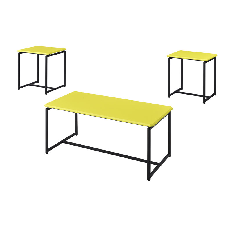 Table enveloppante en fibre de carbone jaune - Comprend une table basse et 2 tables de bout, l 39,5 po x P 19 po x P 19,5 po x H 21,5 po, structure en métal, densité moyenne, bords biseautés