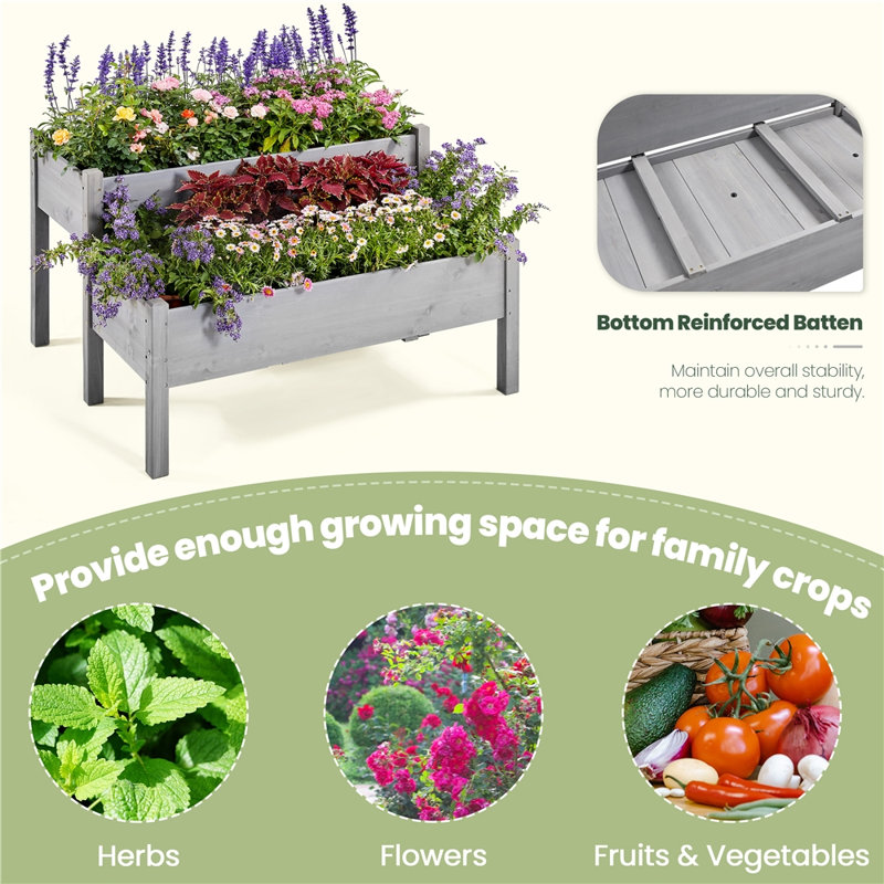 Aadhira 2-tier Fir Wood Elevated Planting Box, Gray